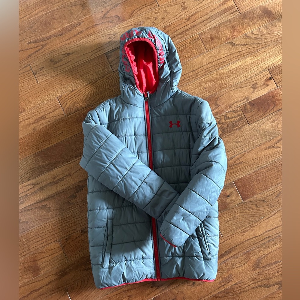 Youth Under Armour puffer jacket grey + red YXL